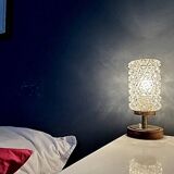 Vintage Mid-Century Scandinavian lamp in wood, brass, and pressed glass with spikes.