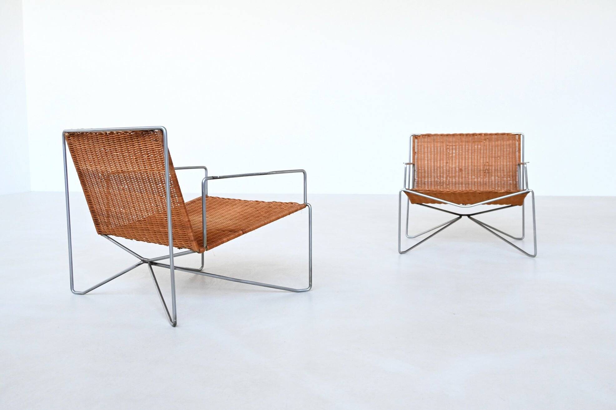 Pair of lounge chairs steel and rattan Gelderland The Netherlands 1964