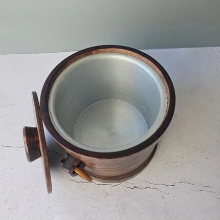 Vintage wooden ice bucket with ring handles - Mid-Century Modern