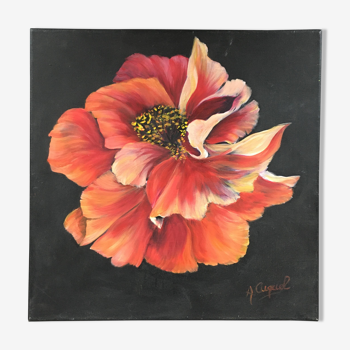 Tableau pivoine rose sur fond noir