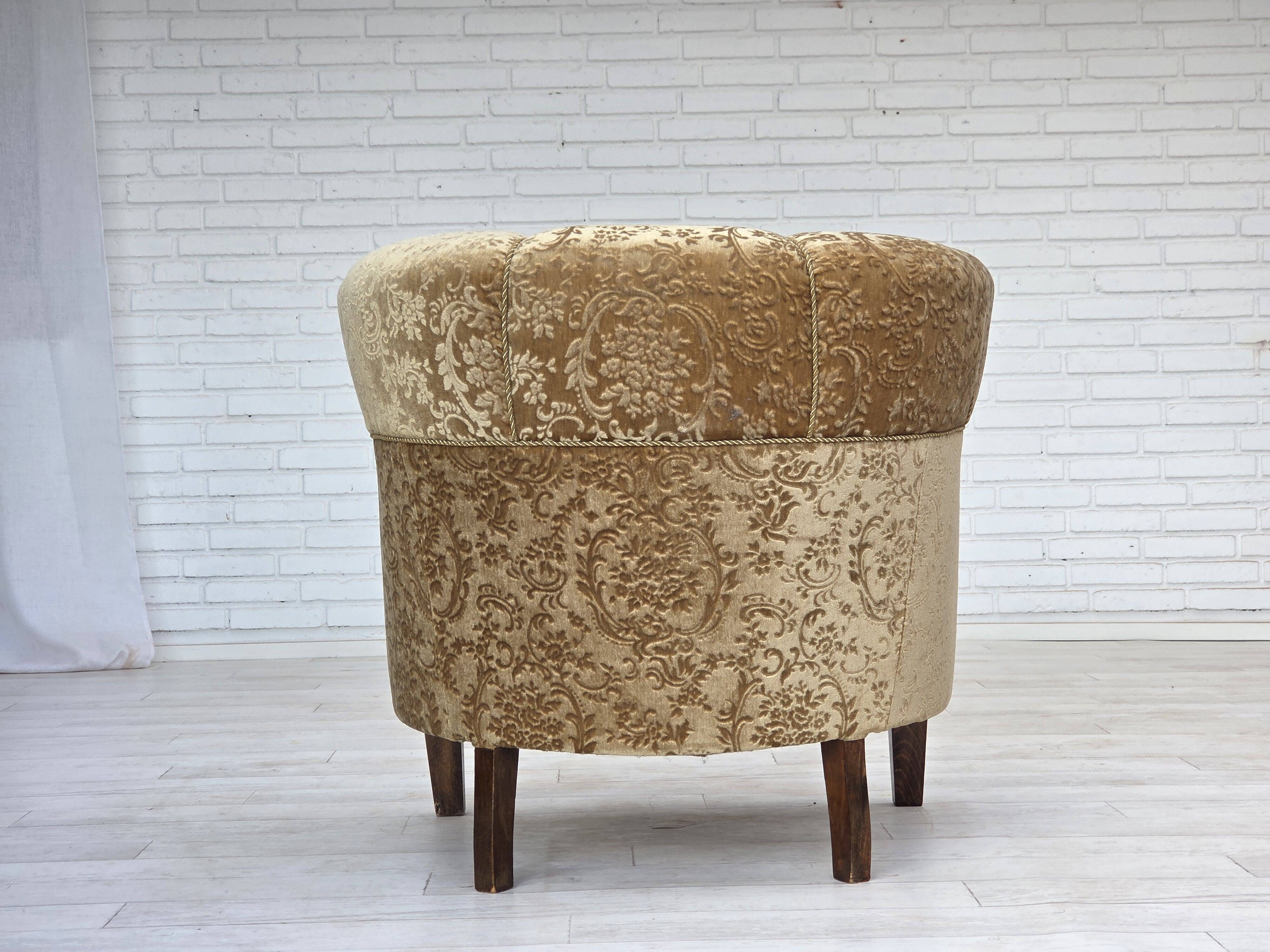 1960s, Danish vintage armchair, green furniture velour, ash wood legs.