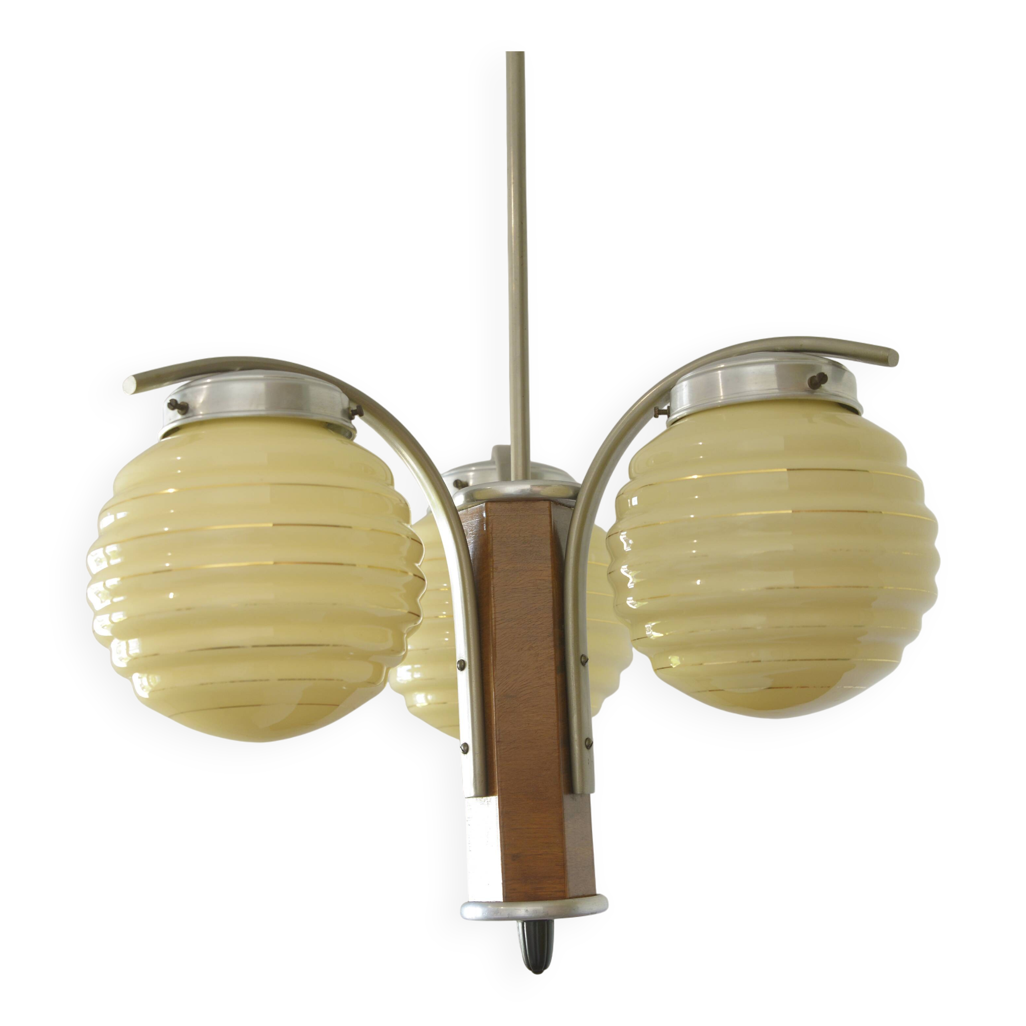 Original Art Deco Chandelier Antique Hand Blown Glass Pendant Light 1940's
