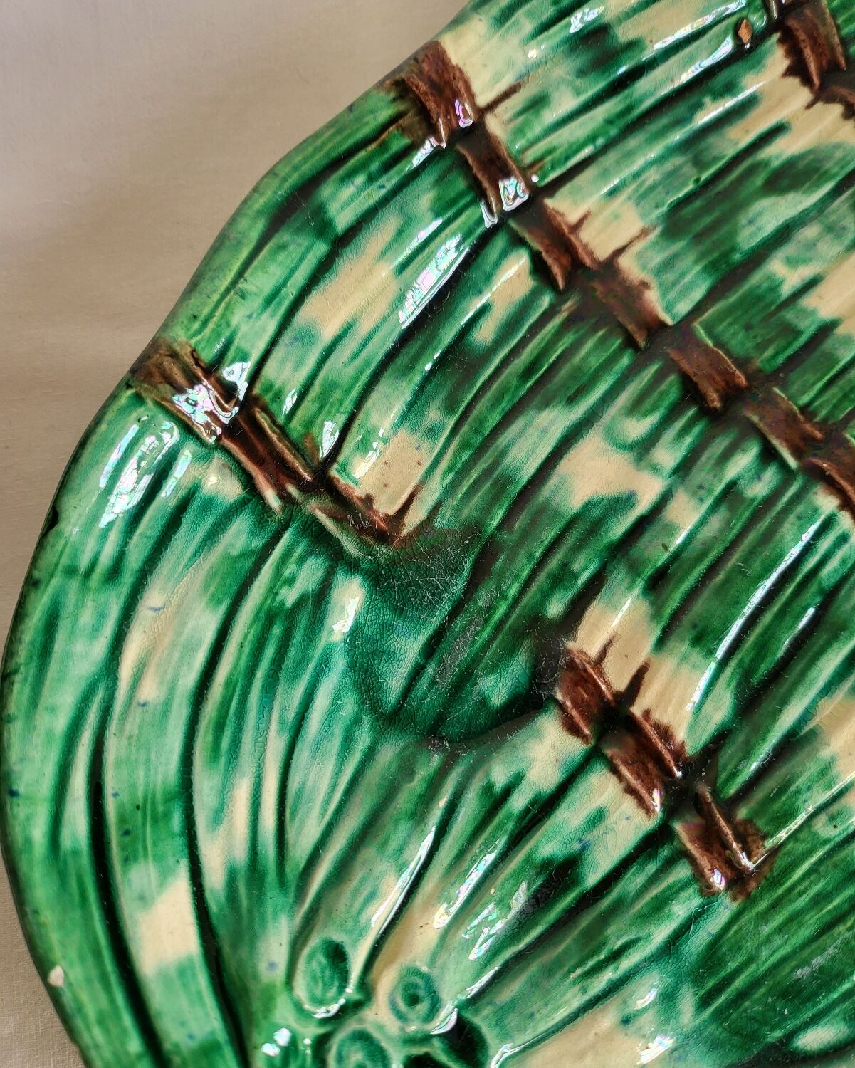 Dish and Asparagus Drainer in Green Barbotine Earthenware