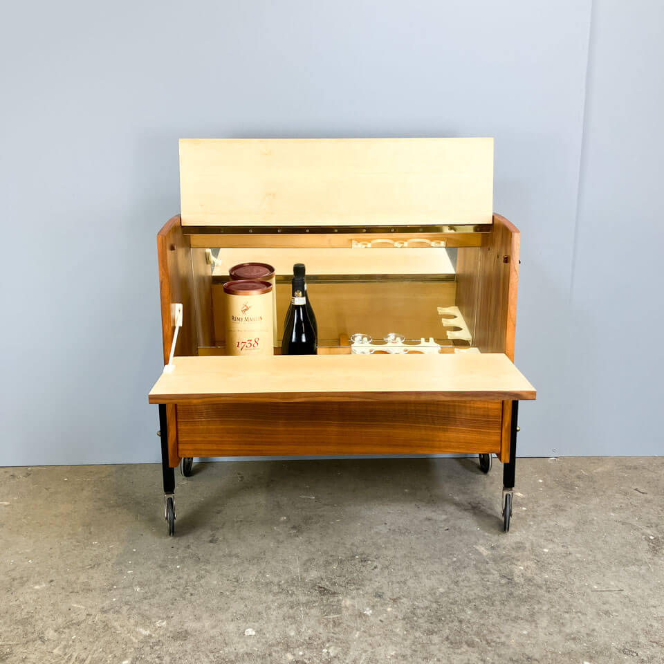 Rolling bar cabinet with interior mirrors, walnut, 60s, vintage