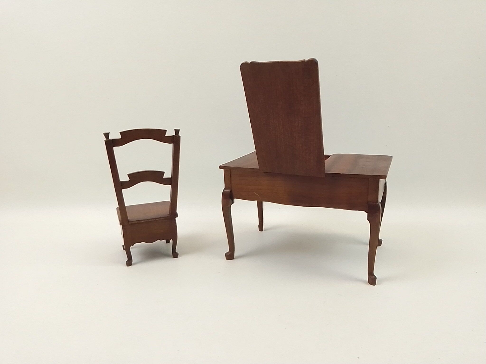 Miniature reproduction jewelry box in rustic hairdresser wood with its chair