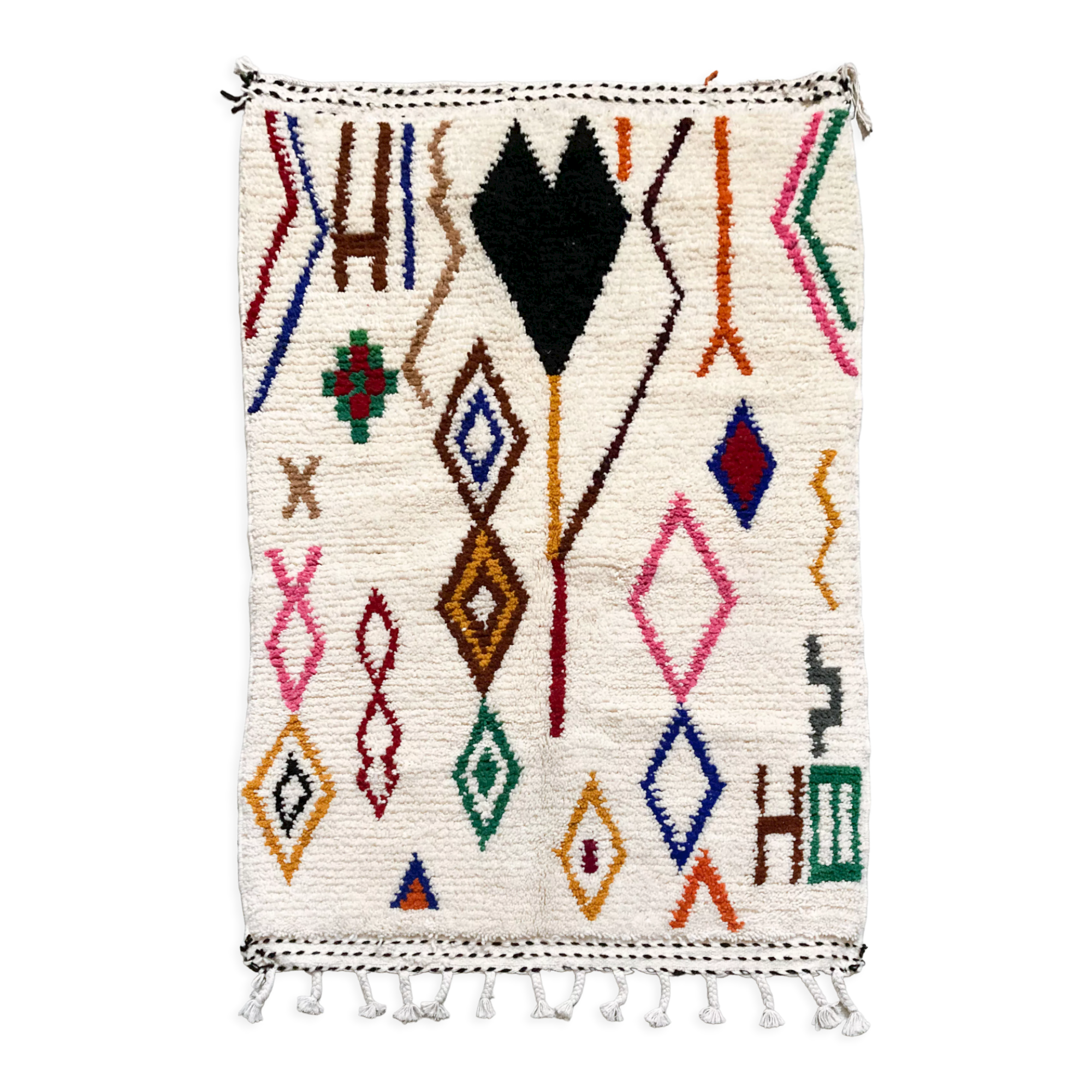 Moroccan berber carpet azilal ecru with multicolored patterns 180x101cm