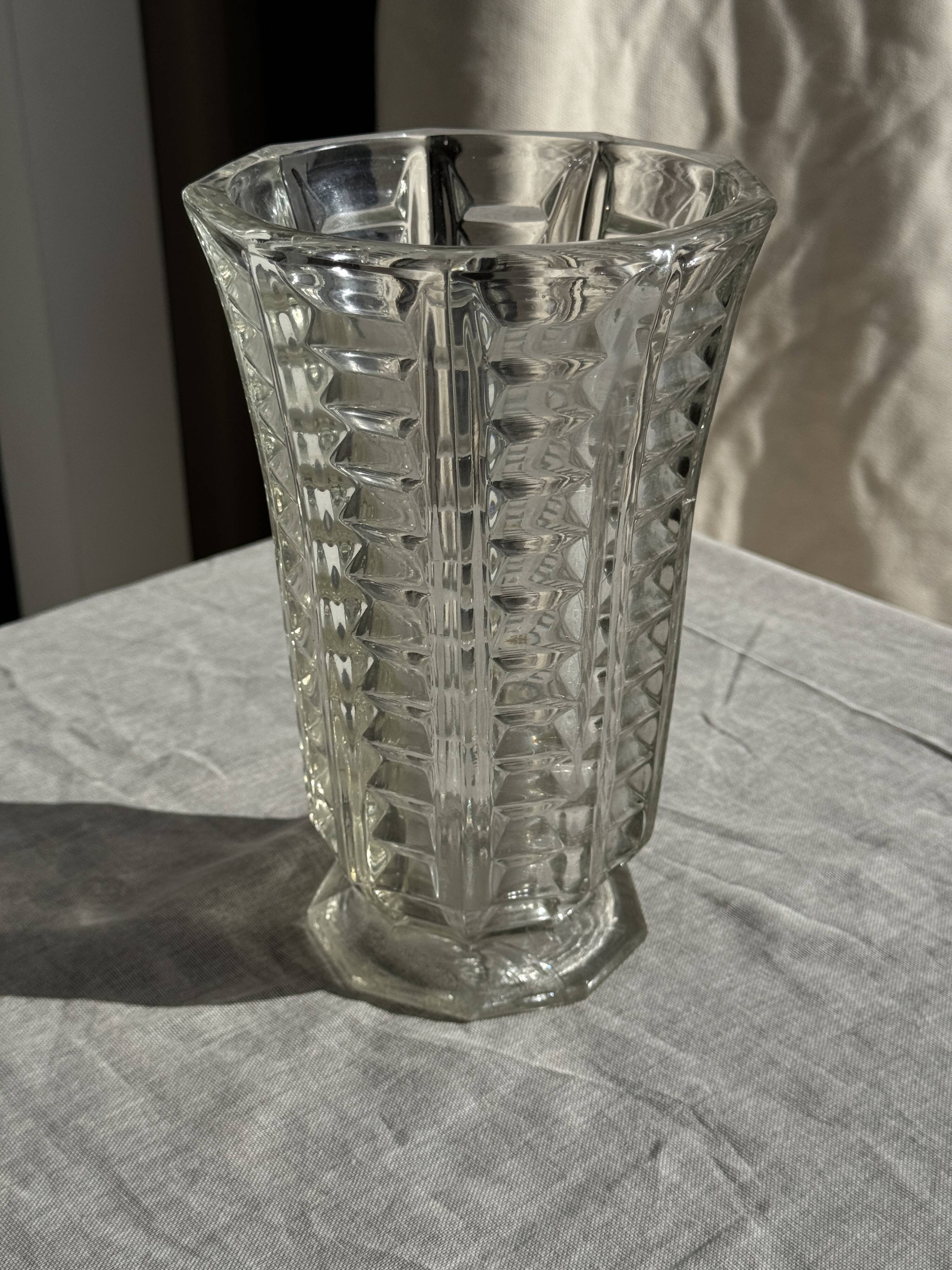 Vintage geometric moulded glass flared vase H21