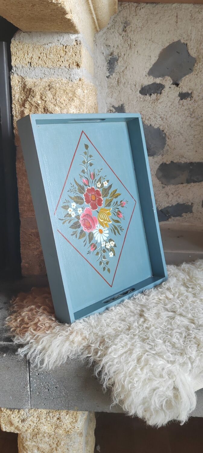 Hand-painted blue wooden tray