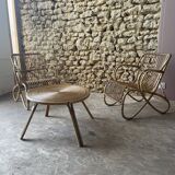 Ensemble table basse et fauteuils en roseau - années 50