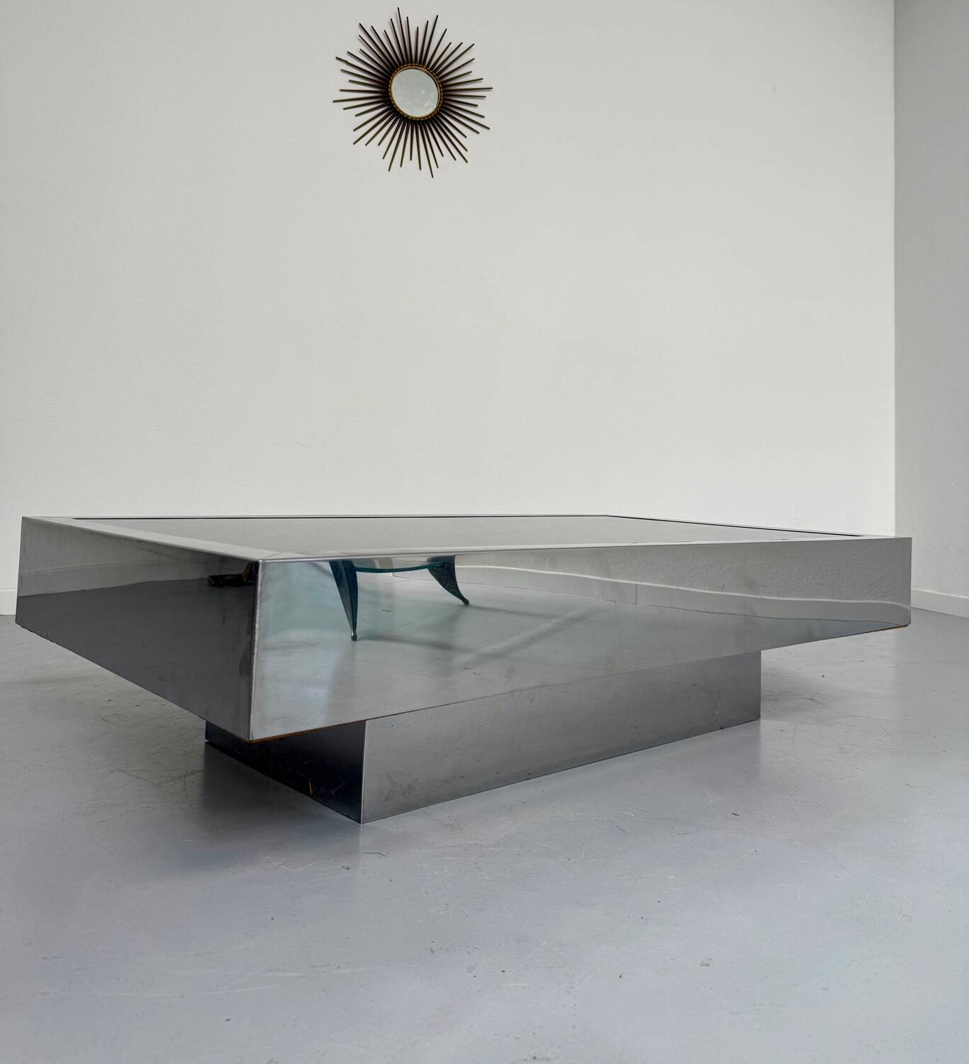 Italian coffee table in chromed metal and vintage brown glass top 70s