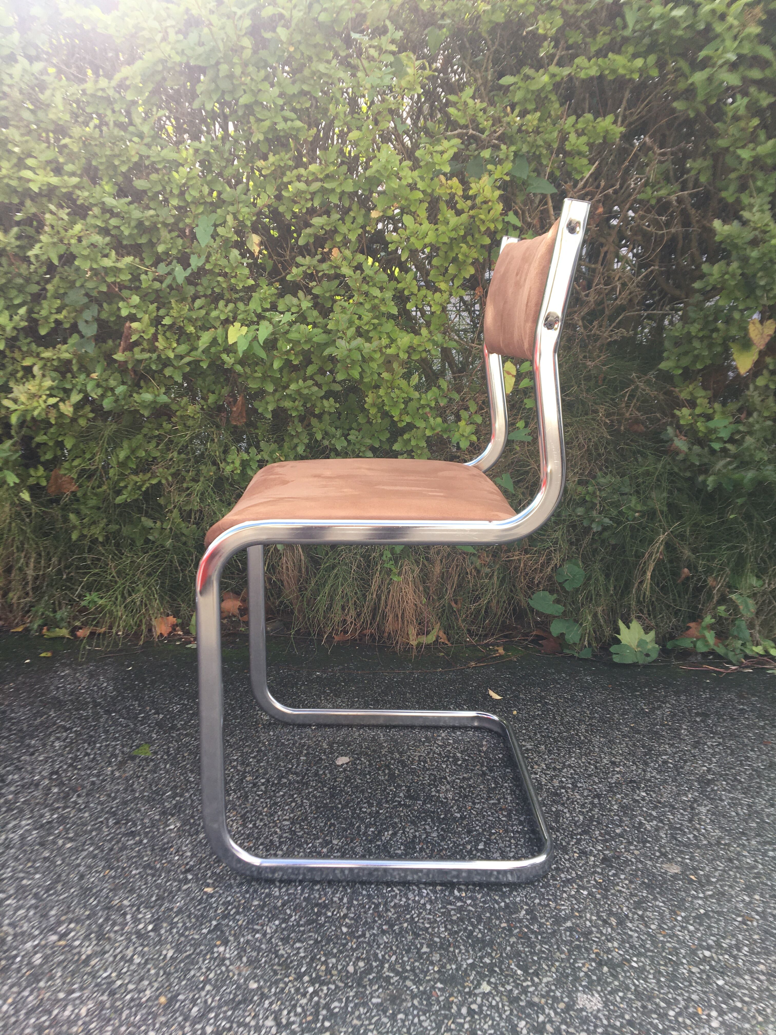 4  chrome steel chairs velvet tobacco 1970