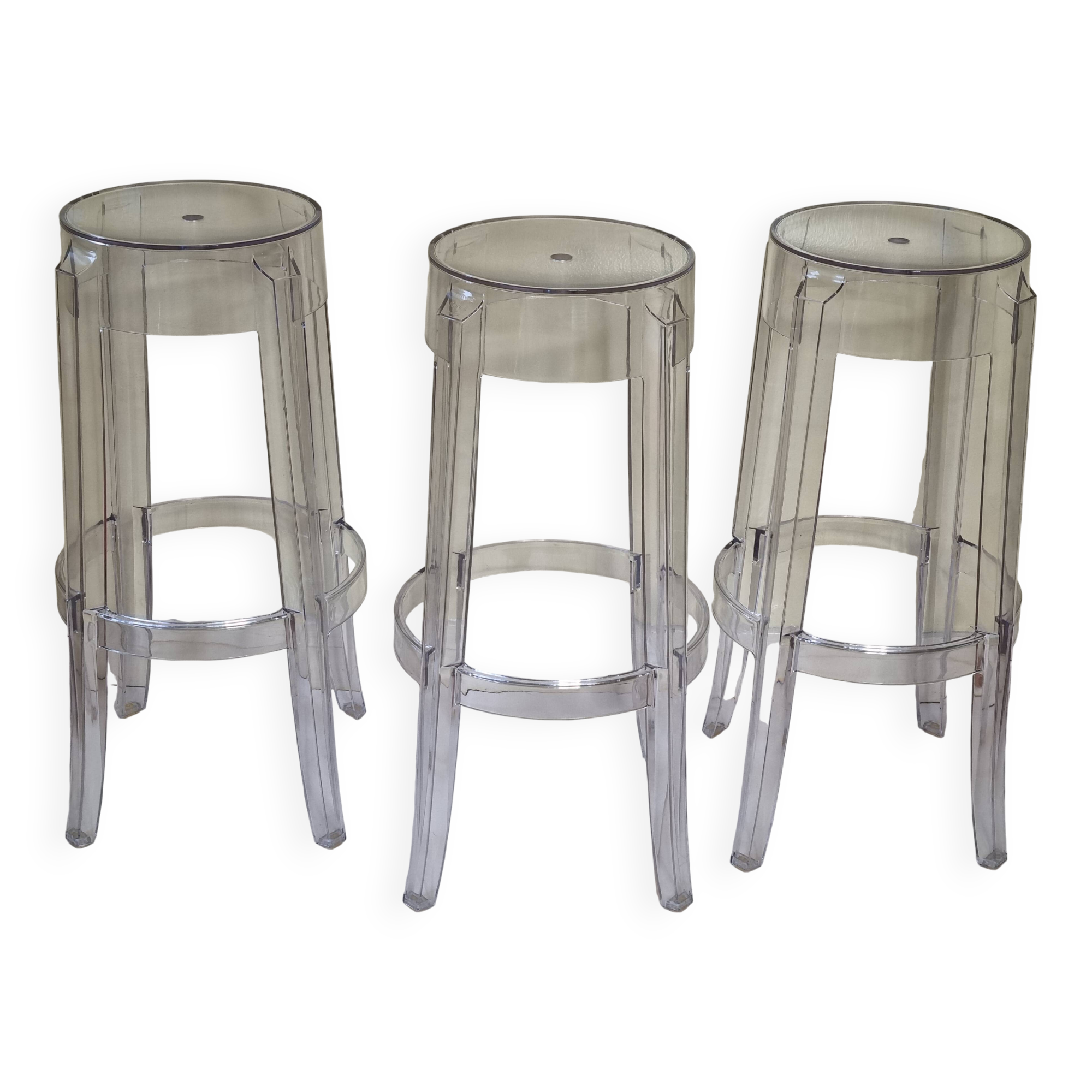 Set of 3 transparent Charles Ghost stools by Philippe Starck for Kartell, 65 cm