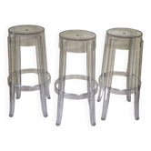 Set of 3 transparent Charles Ghost stools by Philippe Starck for Kartell, 65 cm