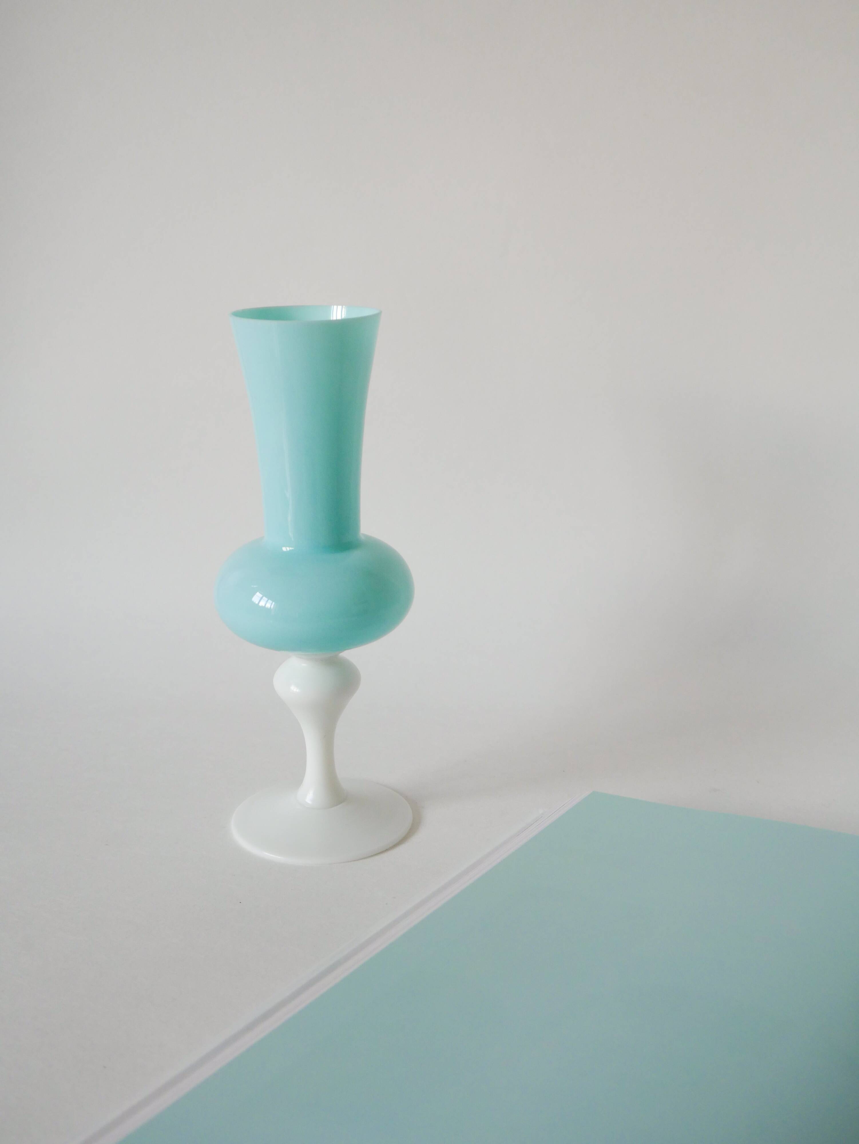 sky blue opaline vase and white feet 1970