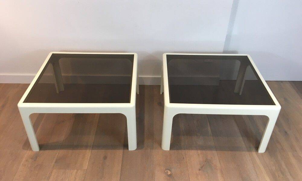 Pair of large white lacquered fiberglass side tables. Poschinger