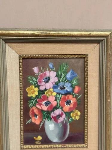 Oil on Canvas Laid on Panel “ Vase” by Sascher, Vintage & Framed 22×27cm