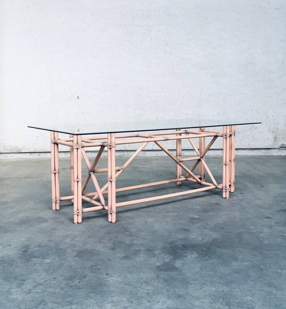 Organic Monumental Faux Bamboo Glass Top Dining Table in the style of McGuire, 1980s