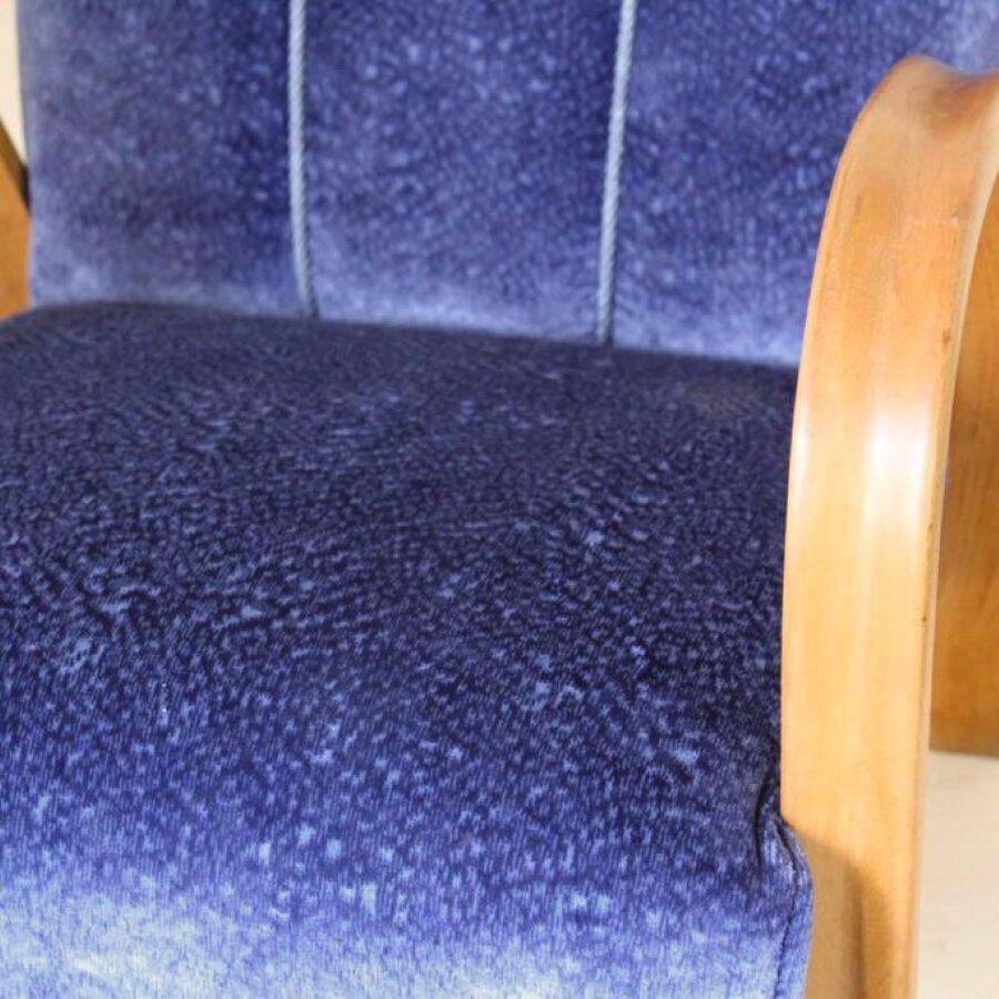 1920 Art Deco Blue Velvet Armchair, Solid Beech Wood, France