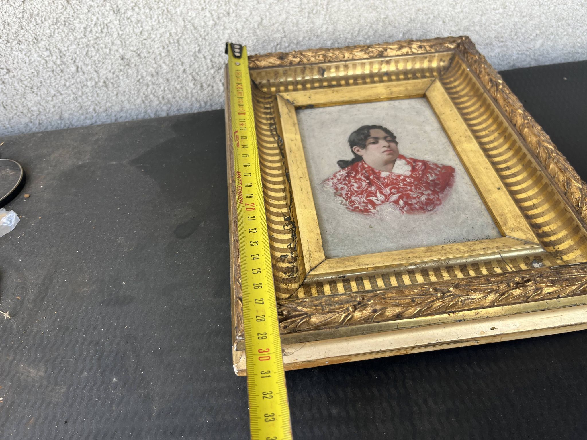 Old Table XIX Portrait of a Woman in Traditional Costume - Signed Célest