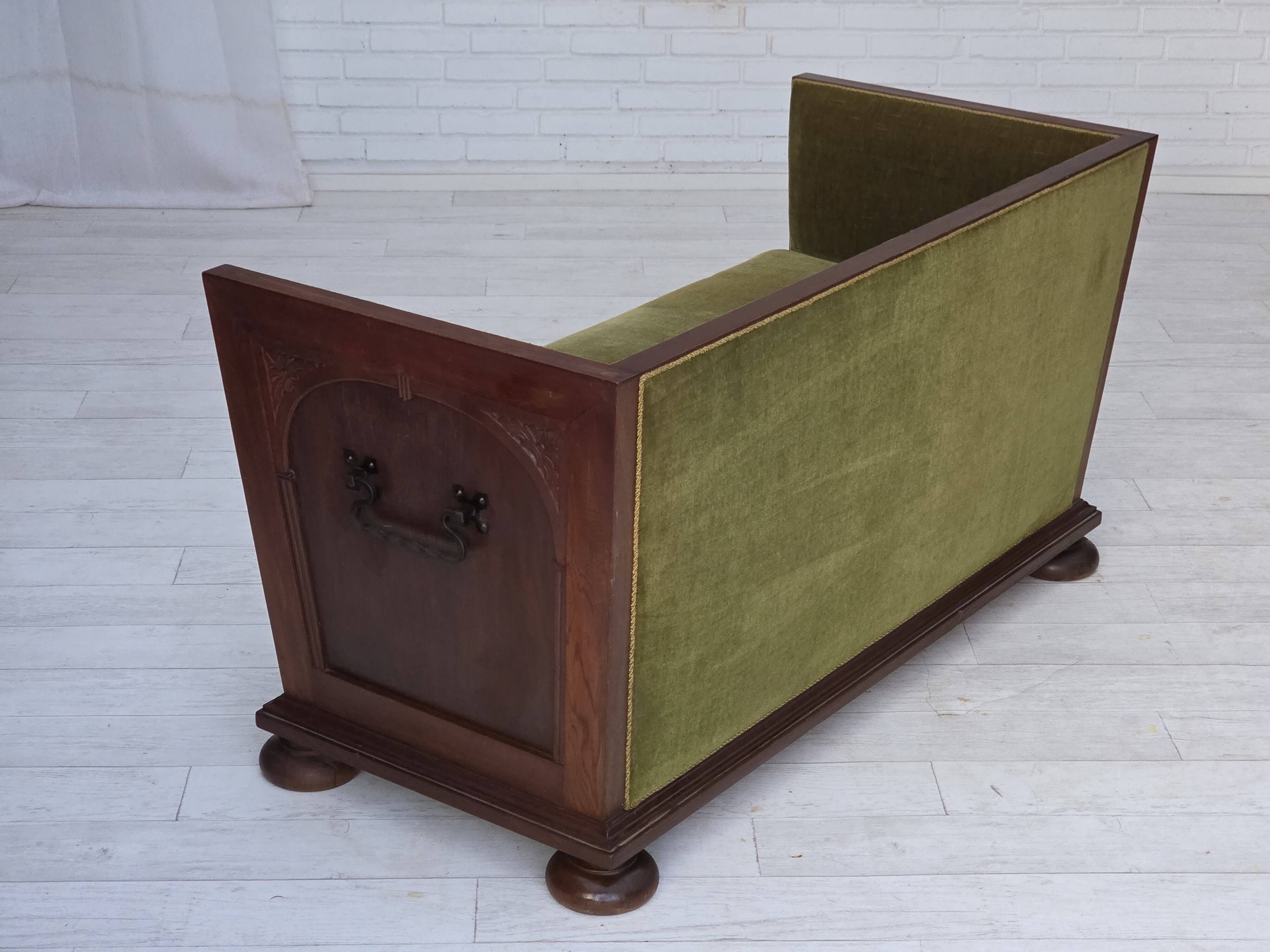 1950s, Danish 2-seater sofa, original green furniture velour, oak wood.