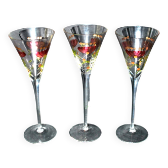 Set of 3 roemer wine glasses in enameled engraved crystal - flared flutes 20.5cm