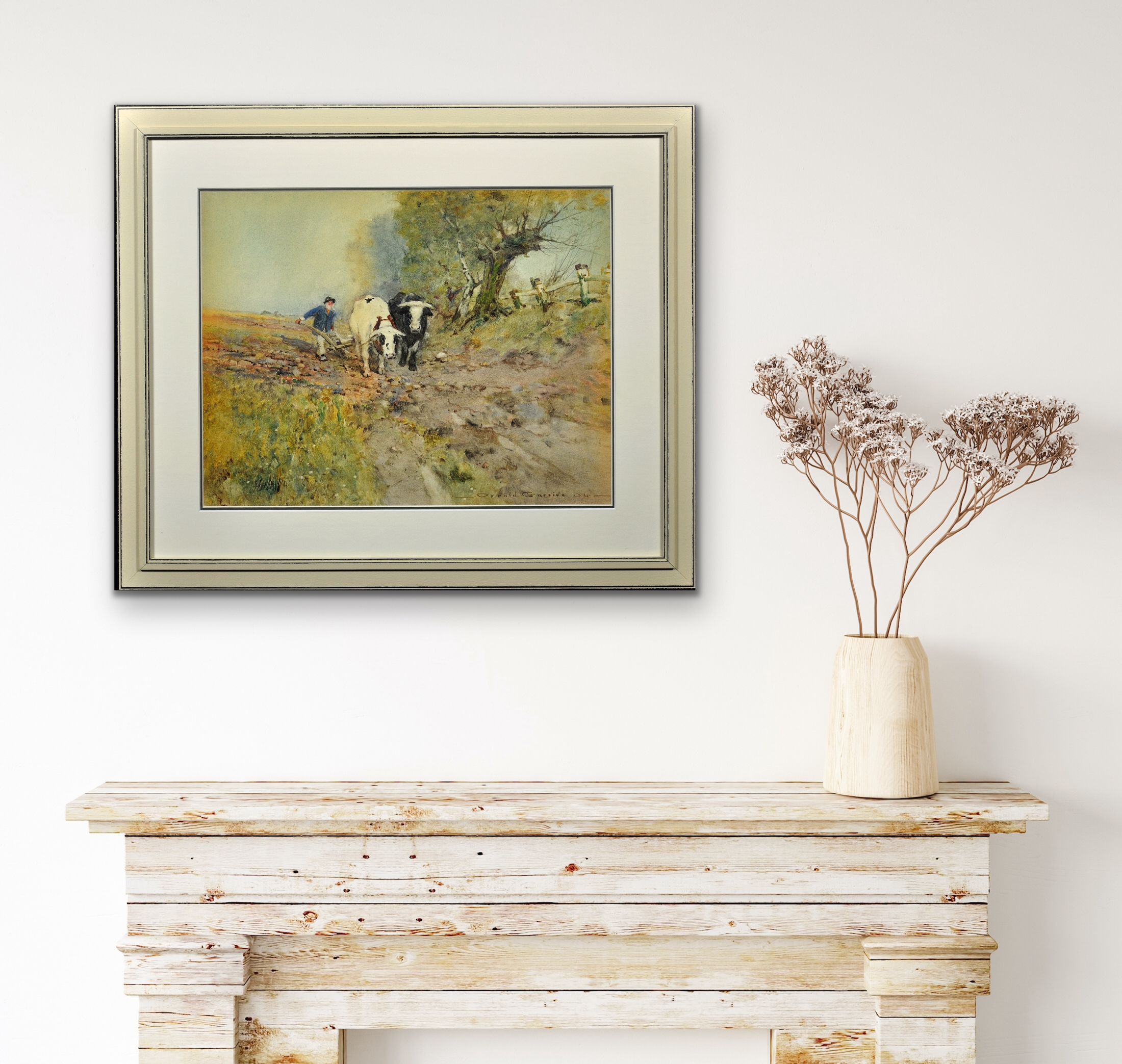 Oswald Garside 1879 - 1942. Bullocks Ploughing, 1904. Watercolour. Framed.