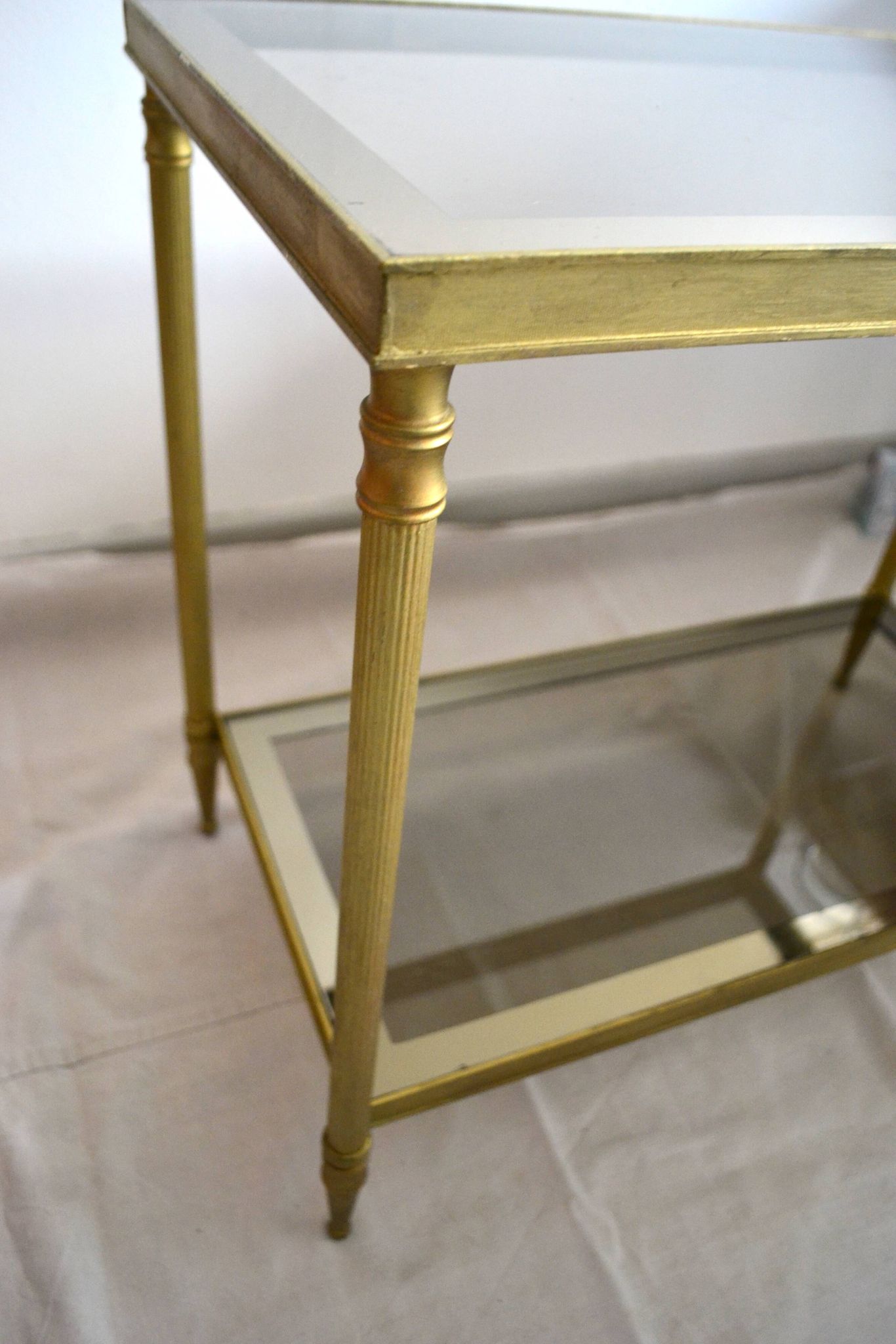 Side table, low table, gold brass, smoked glass, 70s.
