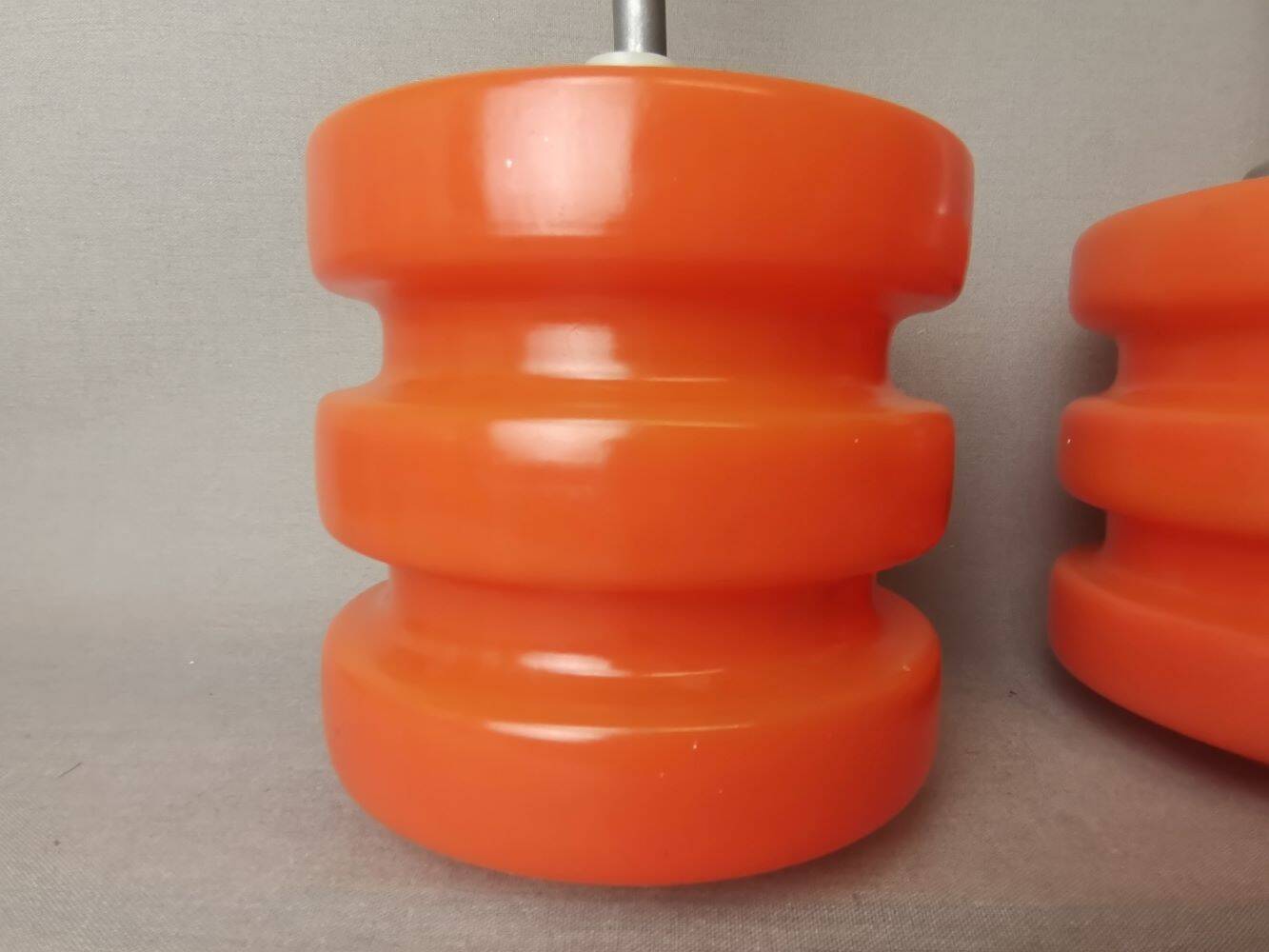 Pair Mid Century Modern MCM orange glass hanging lamps