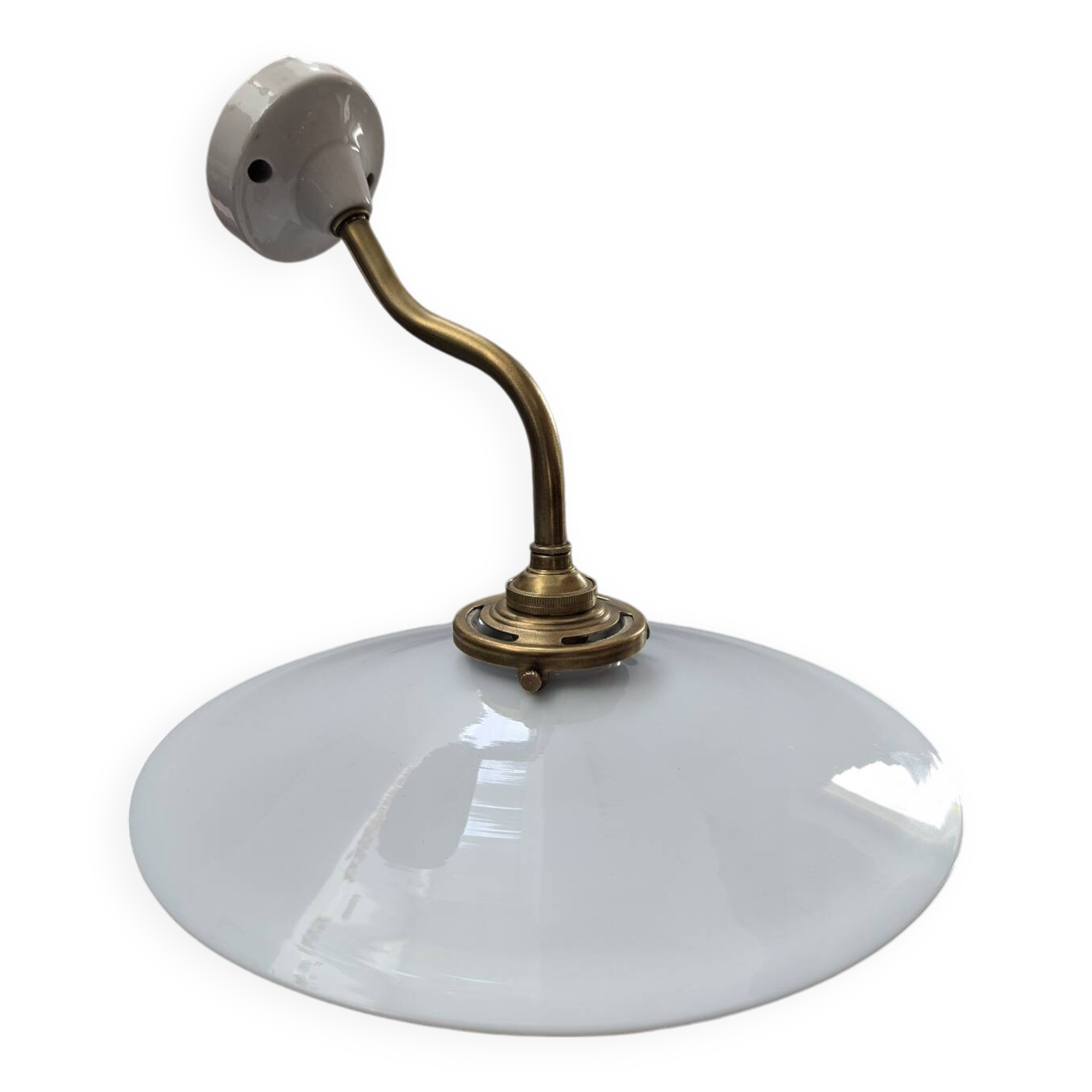 Antique smooth white opaline wall light with brass swan neck porcelain art deco 1930 diameter 25.9cm