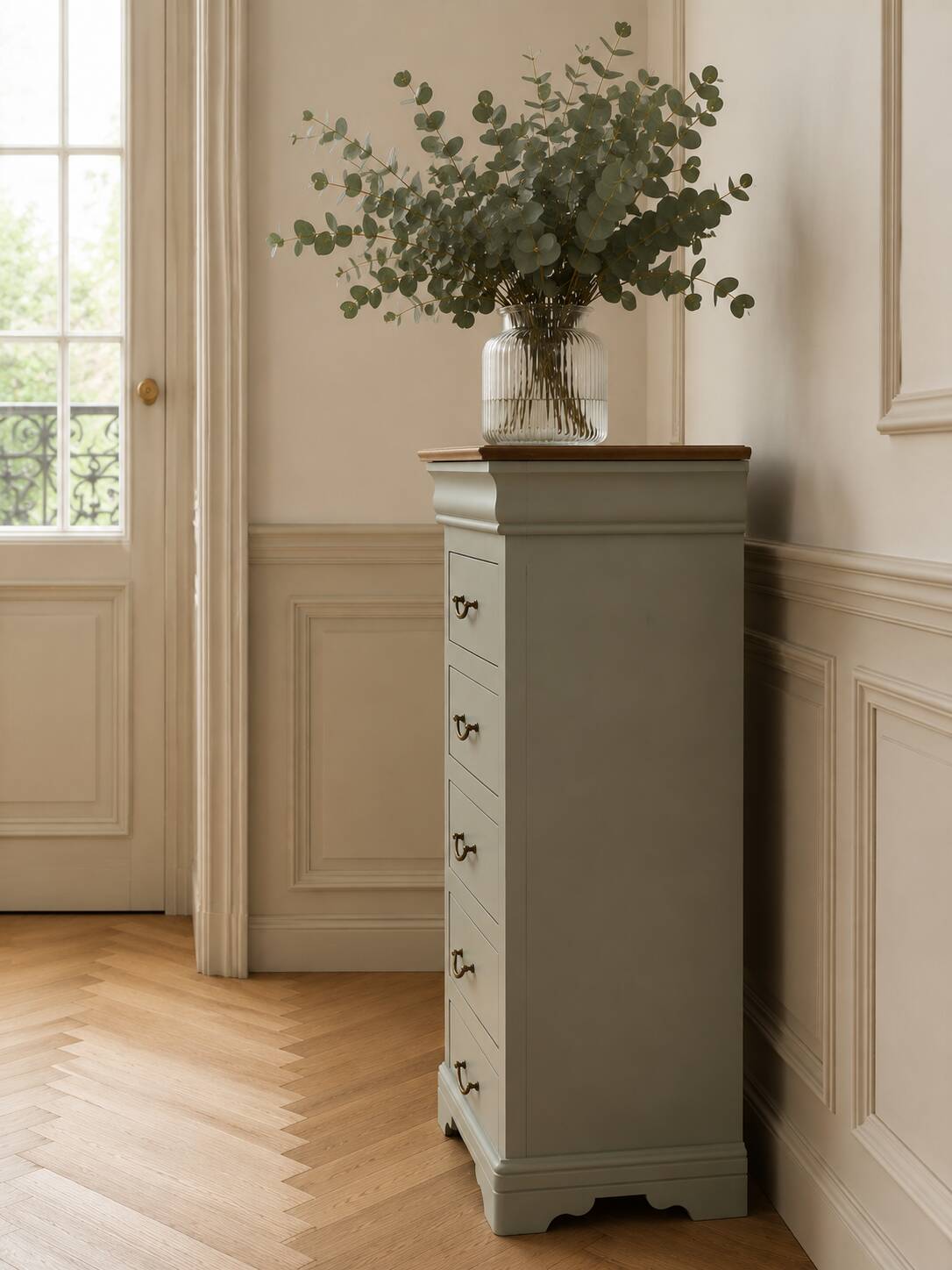 Louis-Philippe style chiffonnier in grey-green, wooden top.
