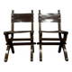Pair of medieval style chairs in solid wood and leather, 19th century, circa 1850