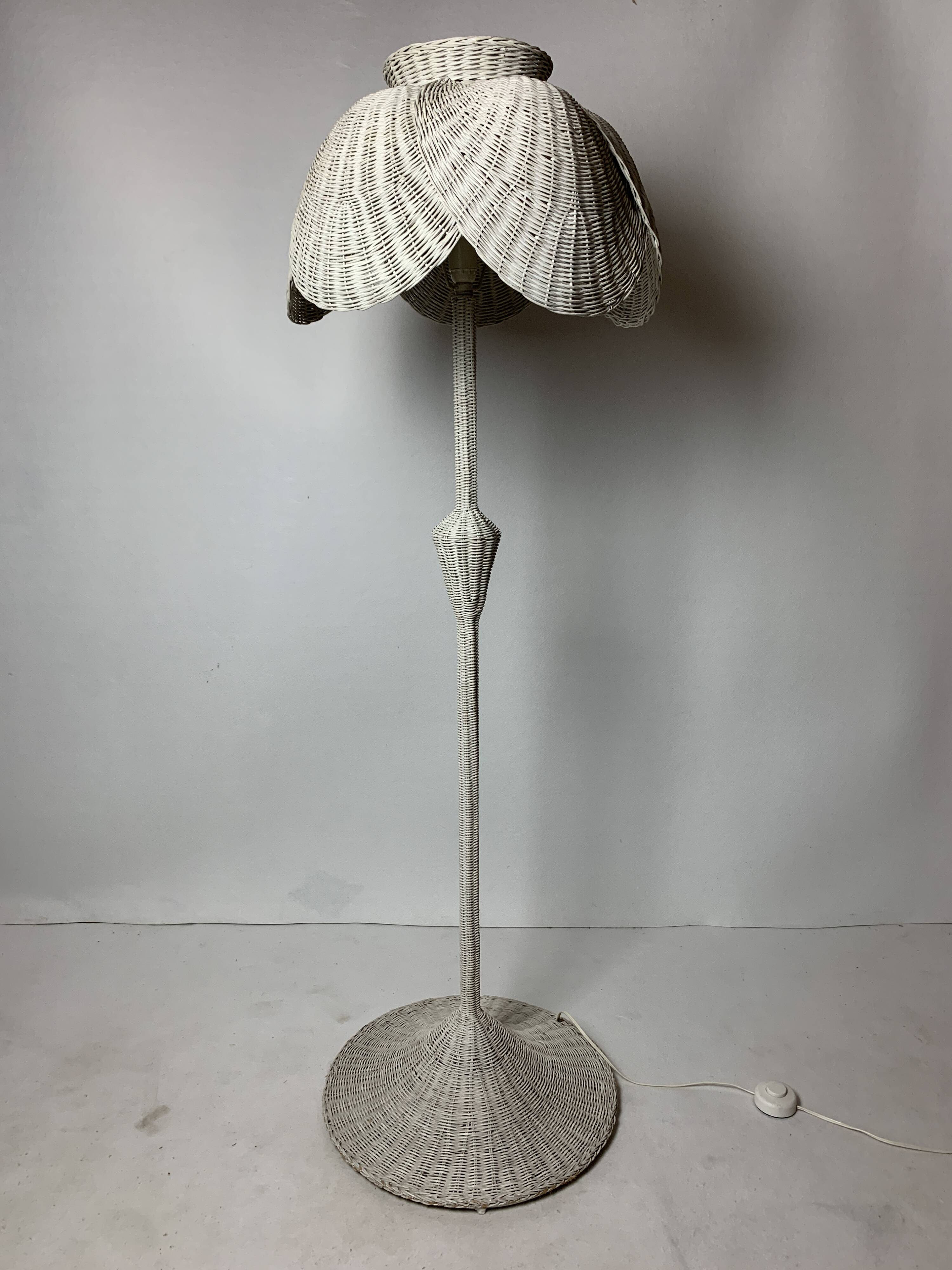Mid-century French rattan wicker boho floor lamp, 1950s-1960s