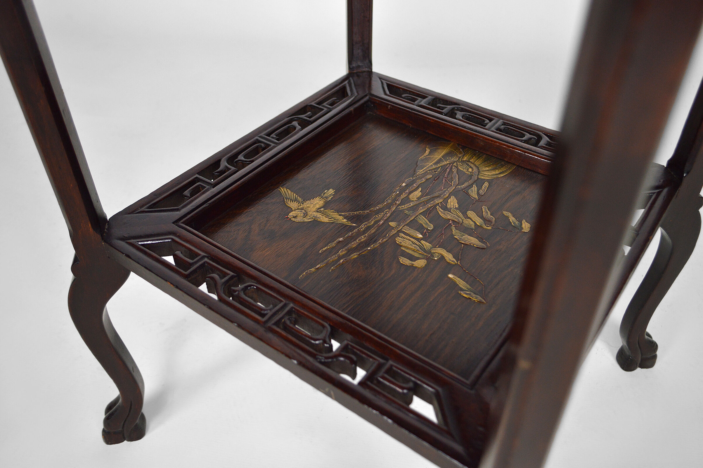 Japanese pedestal table in carved wood and lacquered panels, France, circa 1880