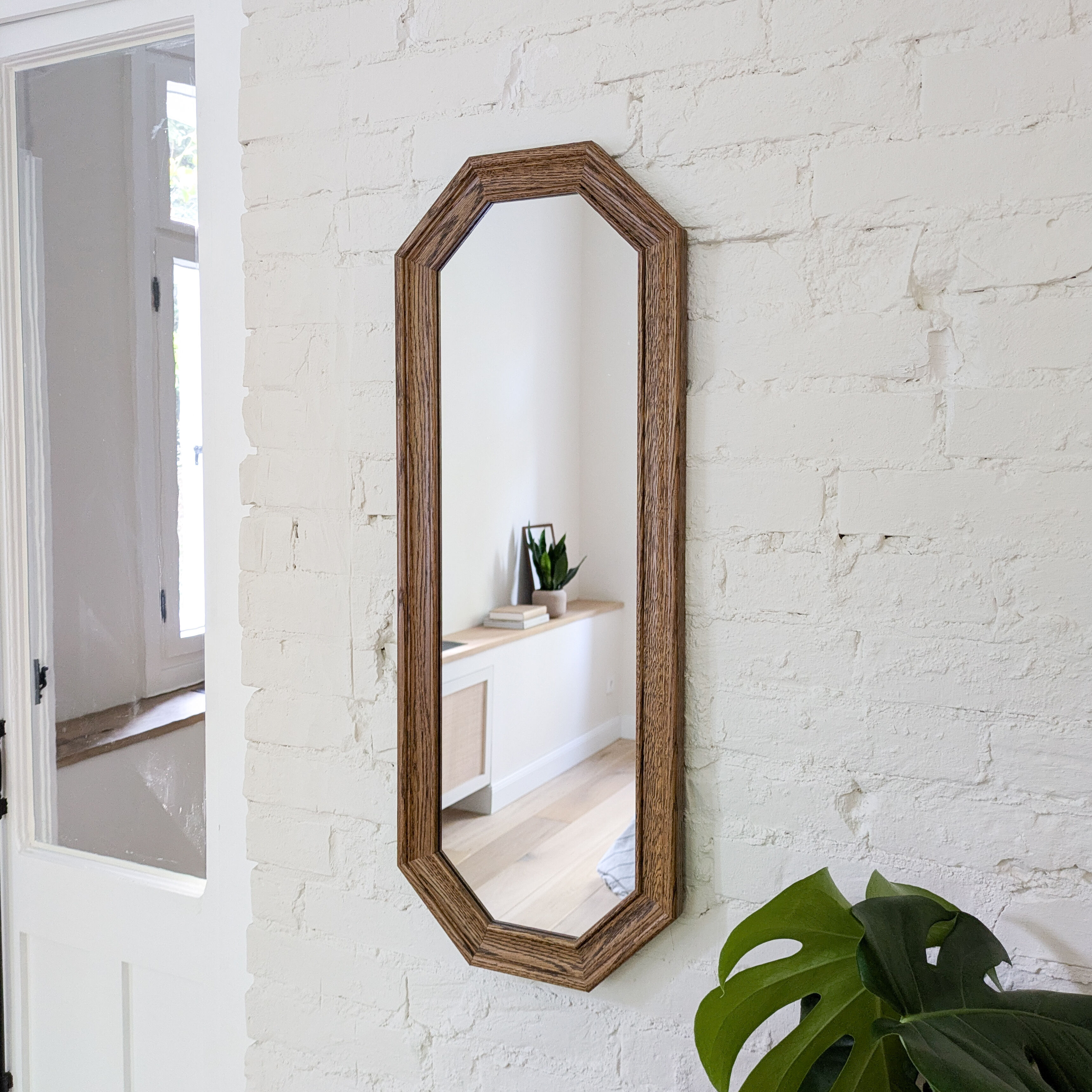 Miroir vintage octogonal bois massif nervuré entrée salle de bain chambre