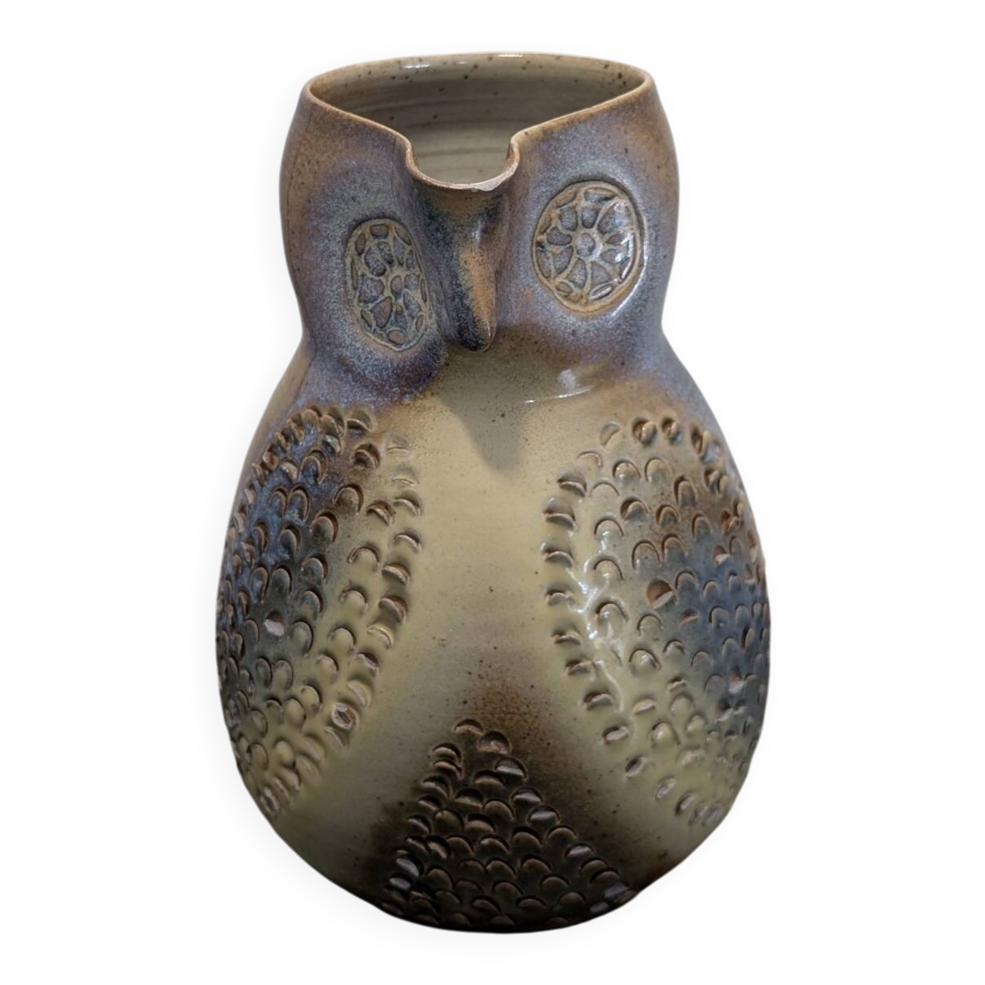 Glazed stoneware pitcher signed JM – Jean-Marie Delahaye – Relief decoration