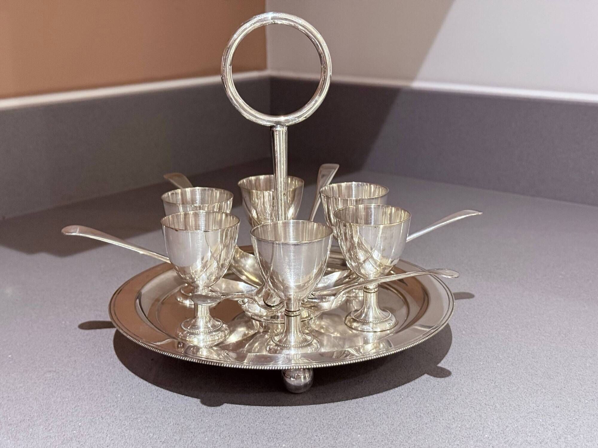 Antique Silver Egg Coddler Stand Holder Set Of 6 Egg Holder With 6 Silver Spoons