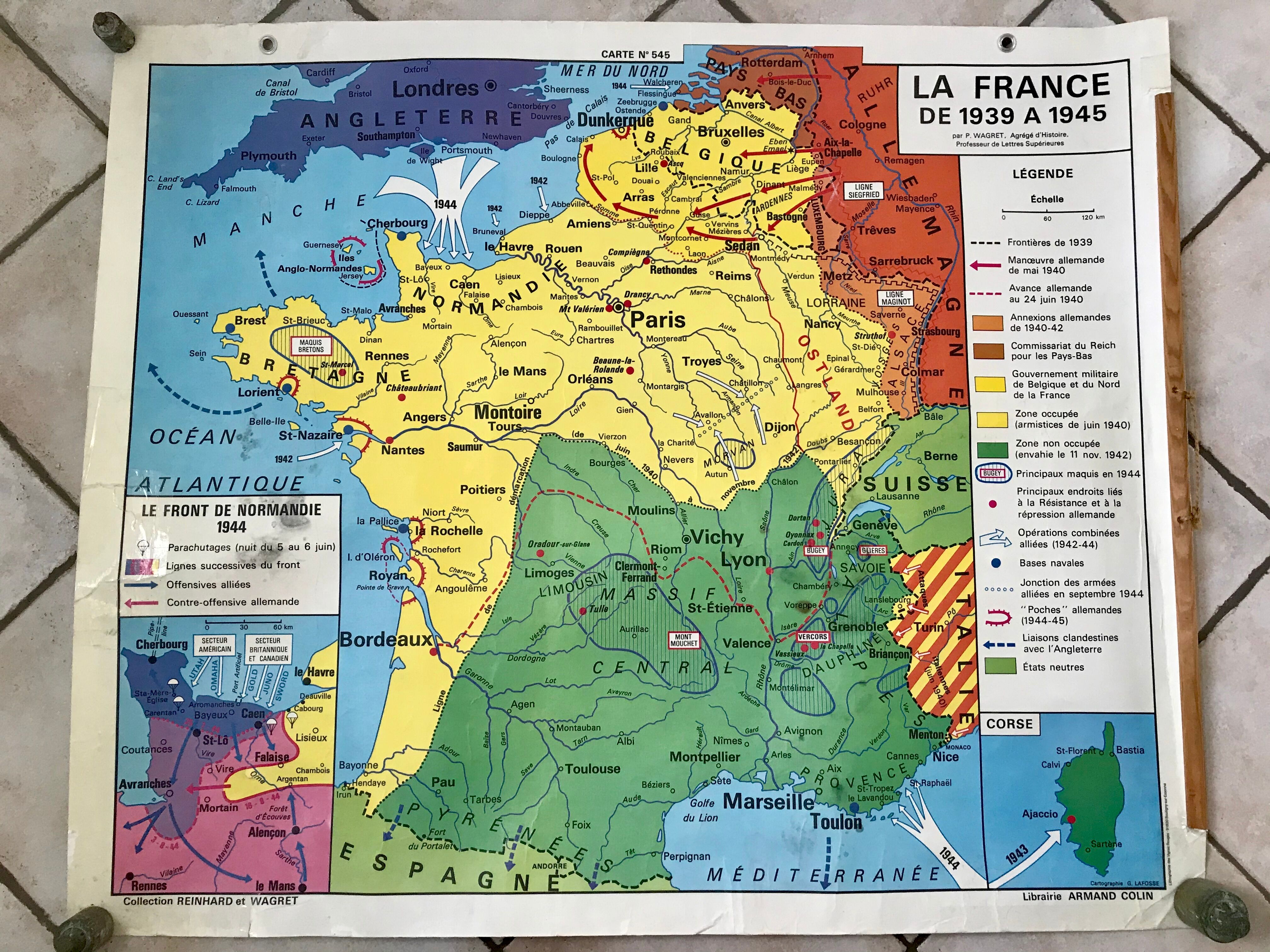school map Librairie Armand Colin Reinhart and Wagret La France from 1939 to 1945 / 2nd GM 1970