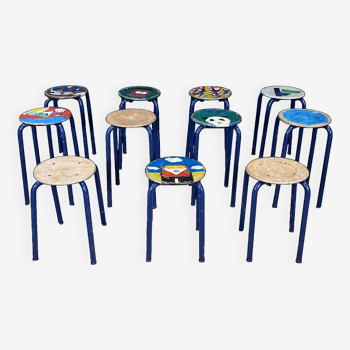 Set of 10 arty school stools with blue legs patterns high 49cm netherlands 1970s