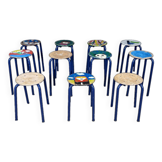 Set of 10 arty school stools with blue legs patterns high 49cm netherlands 1970s