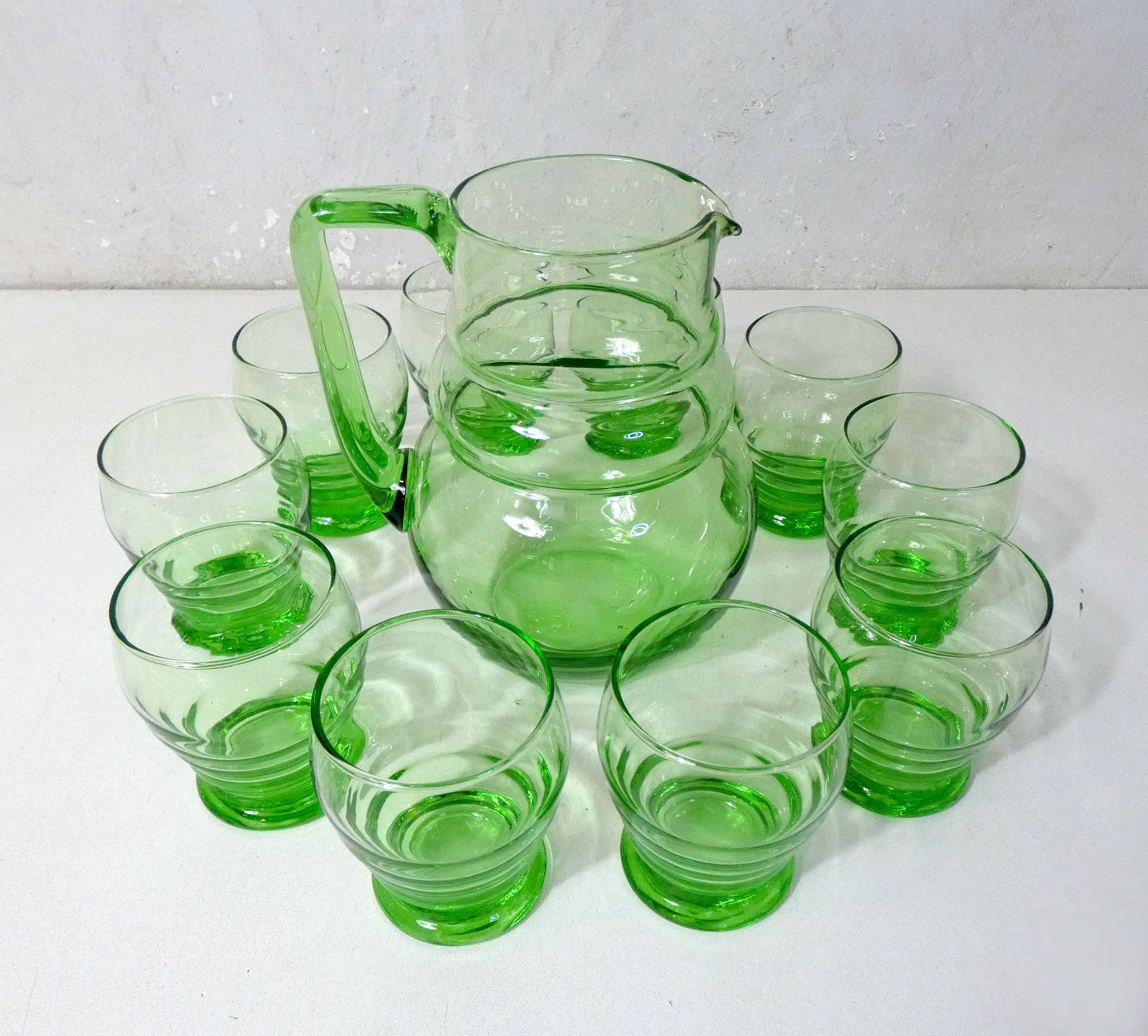 old service 10 water glasses and carafe in blown glass