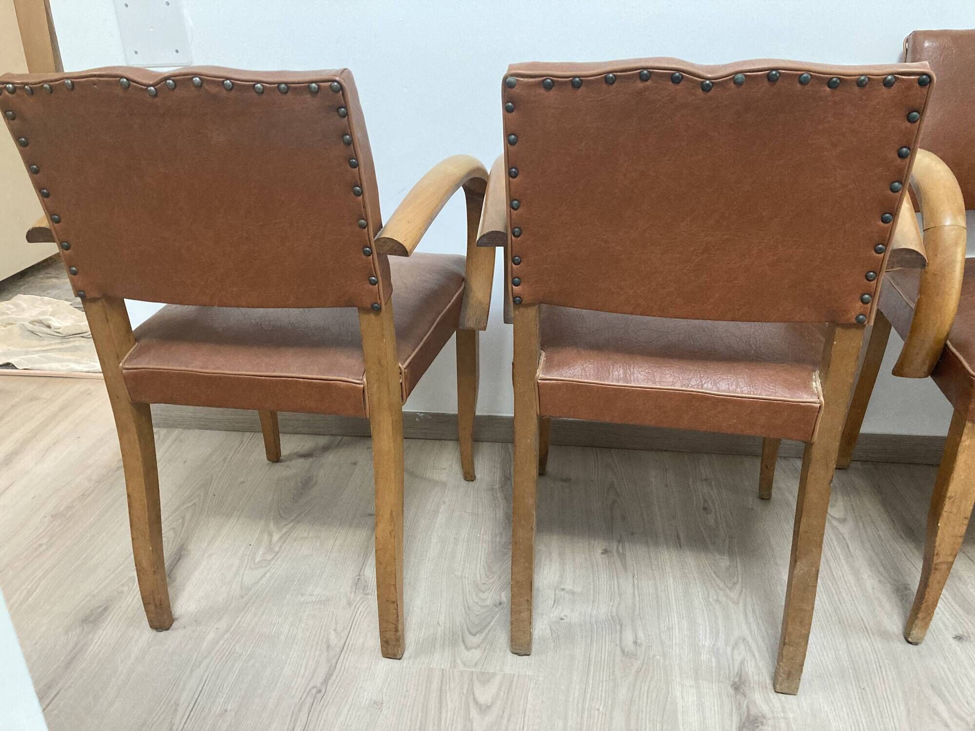 Set of 4 armchairs bridge leather and wood called "moustache" style art deco circa 1940