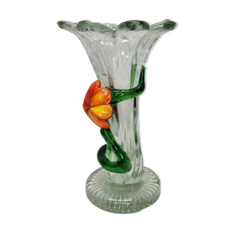 Vintage Glass Vase With Flowers, 1960/70s