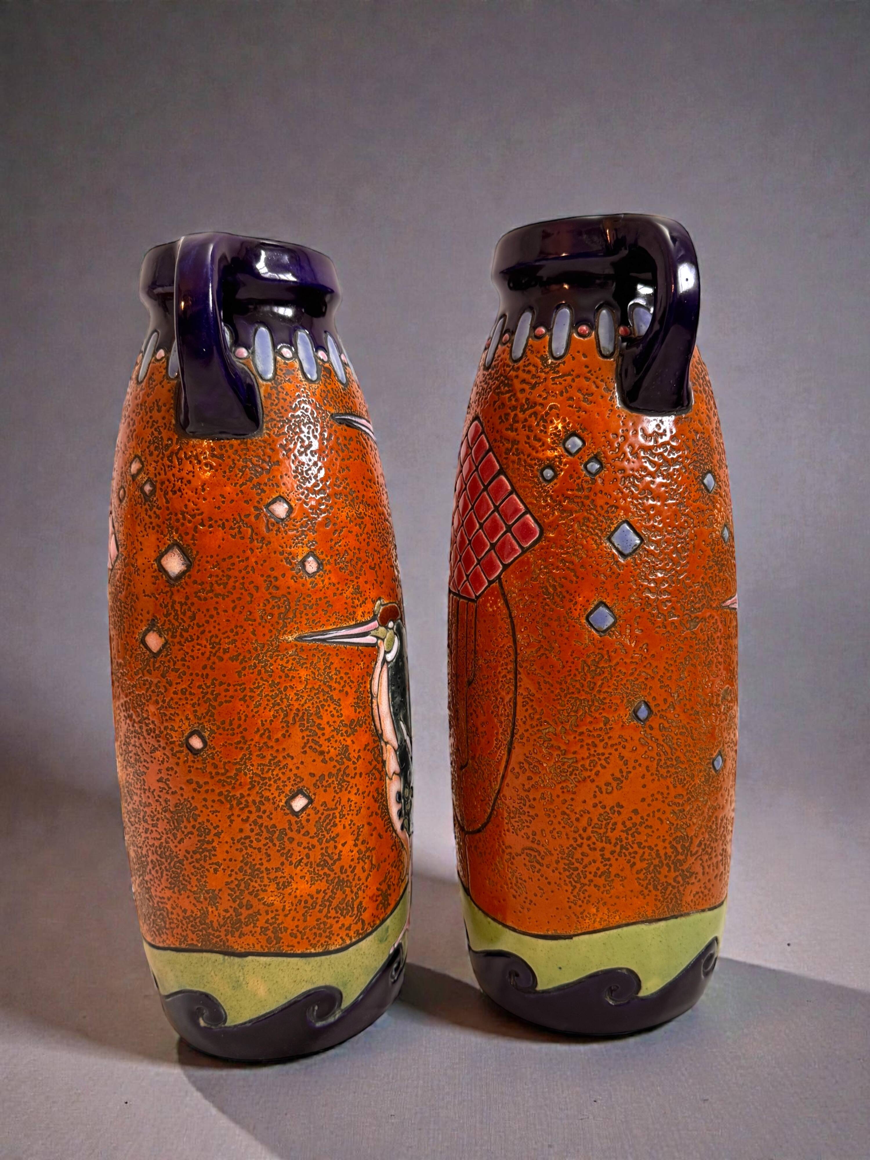 Pair of Art Deco Amphora Vases – Bohemia 1920s – Birds – 38 cm