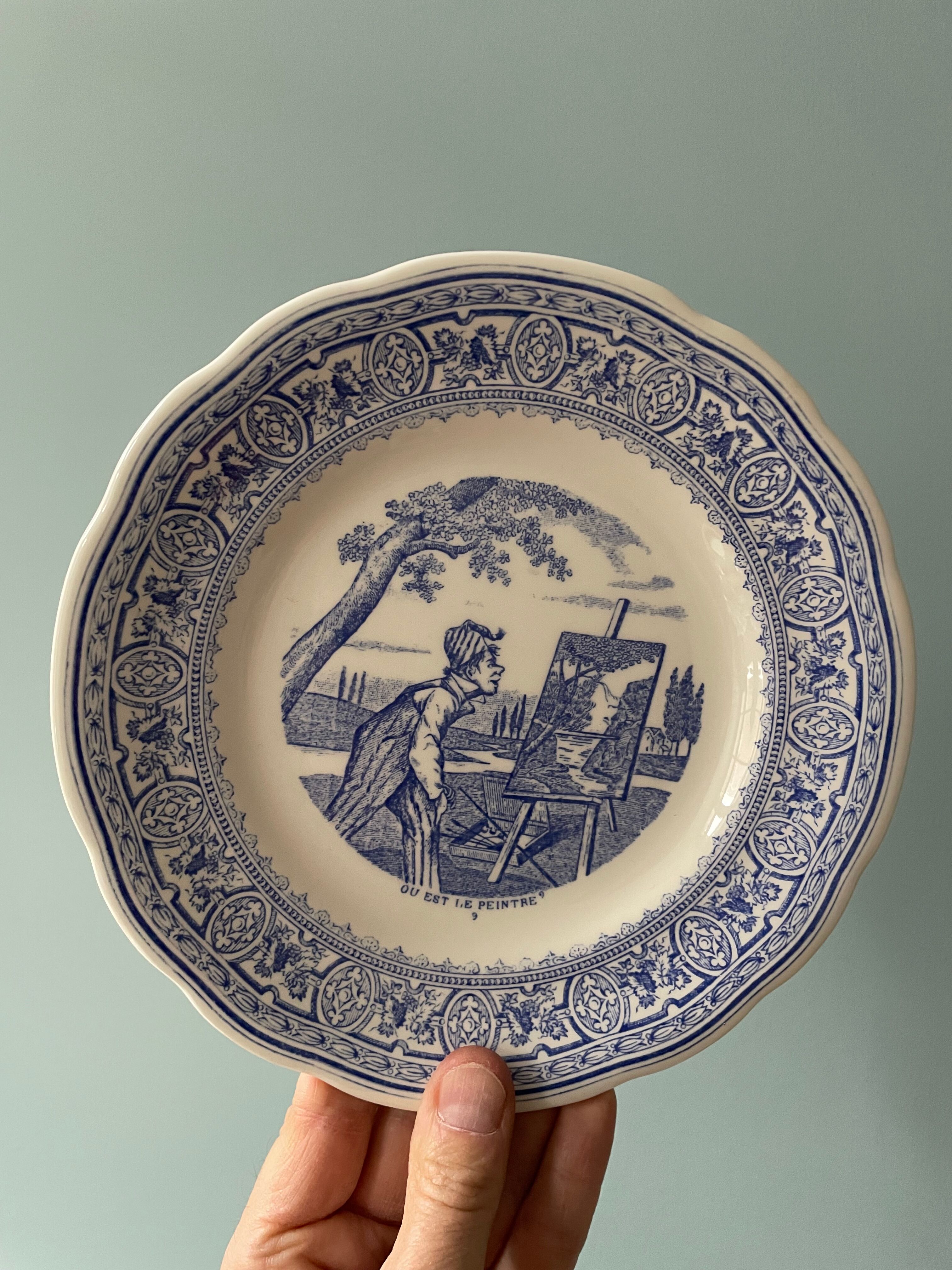 Complete set of 12 talking plates in Gien earthenware