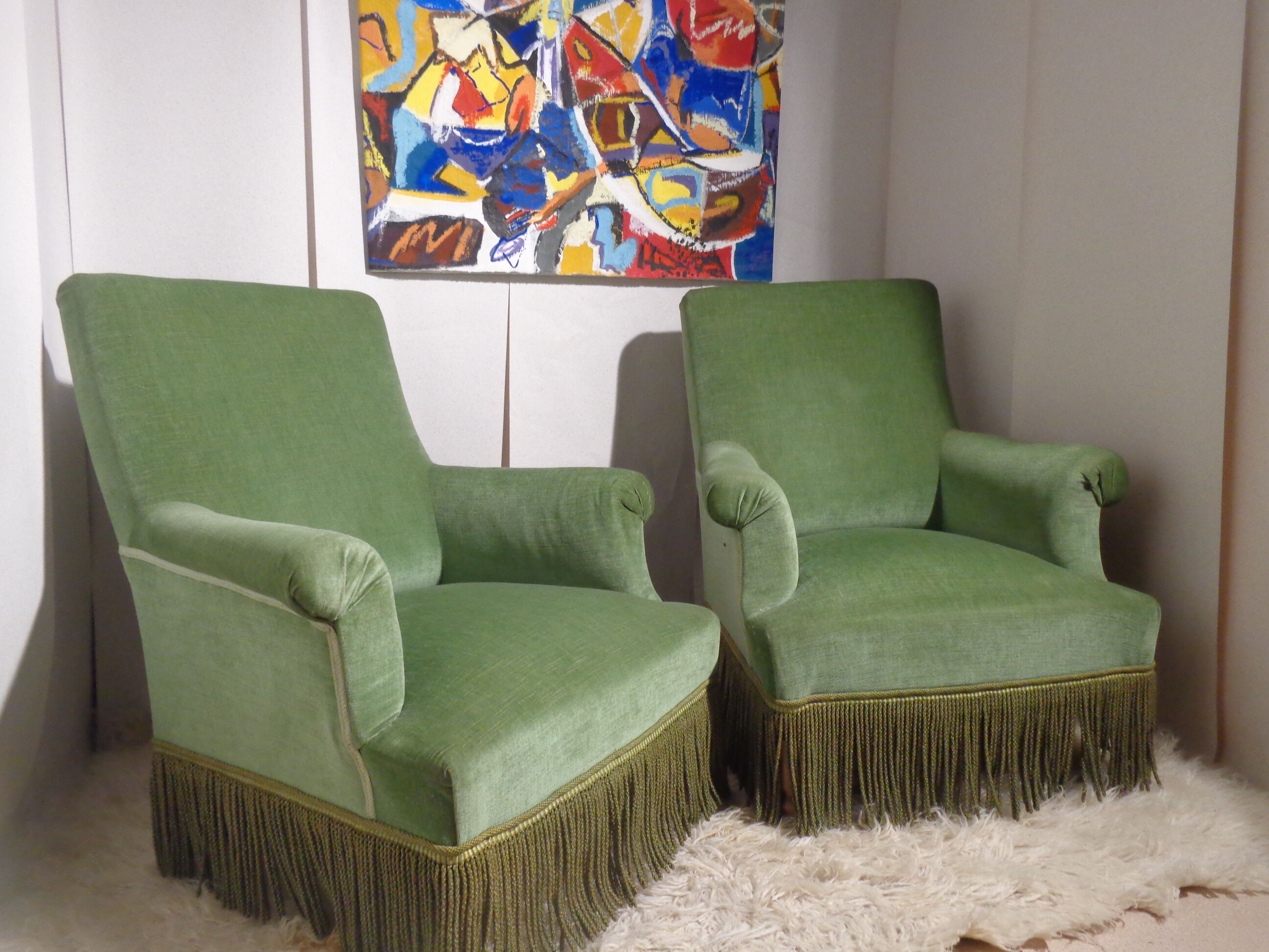 Pair of toad armchairs in green velvet