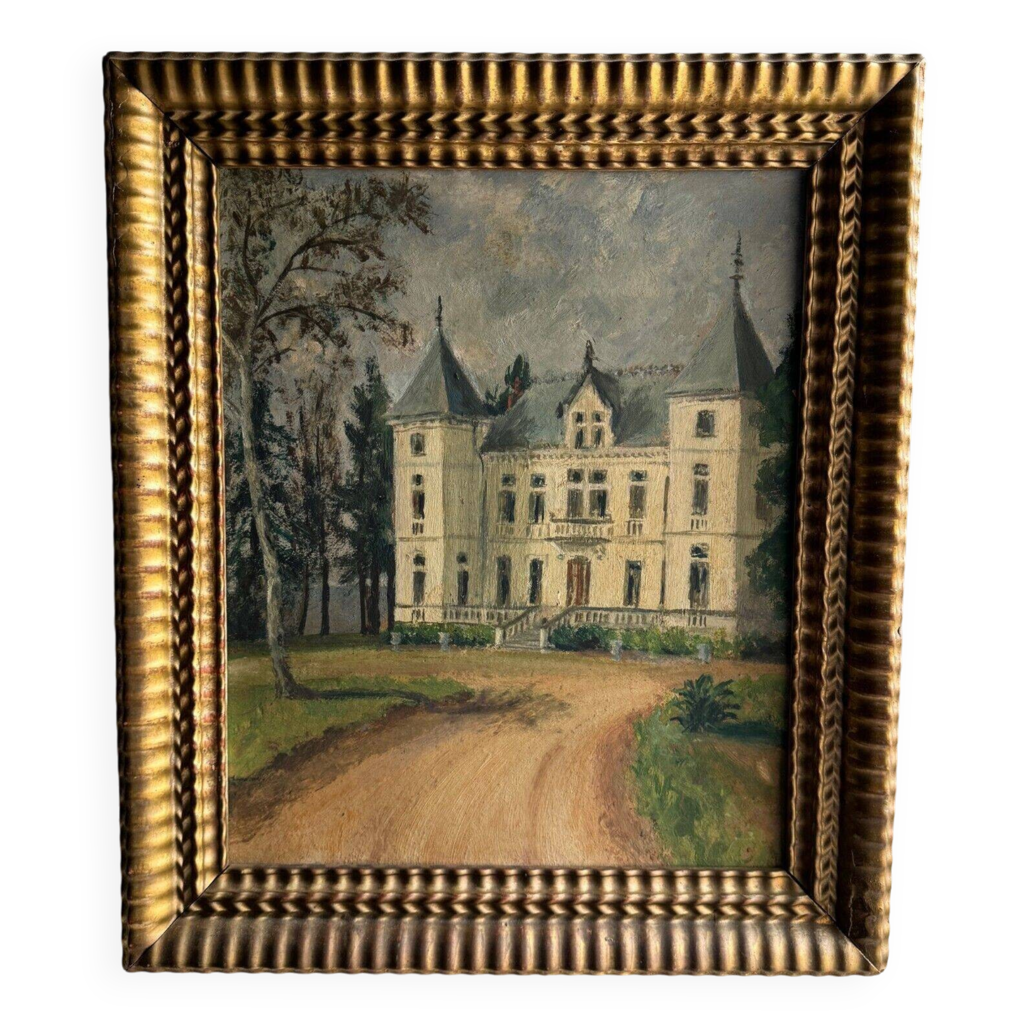 Oil on cardboard representing a property in the early 20th century, gilded frame