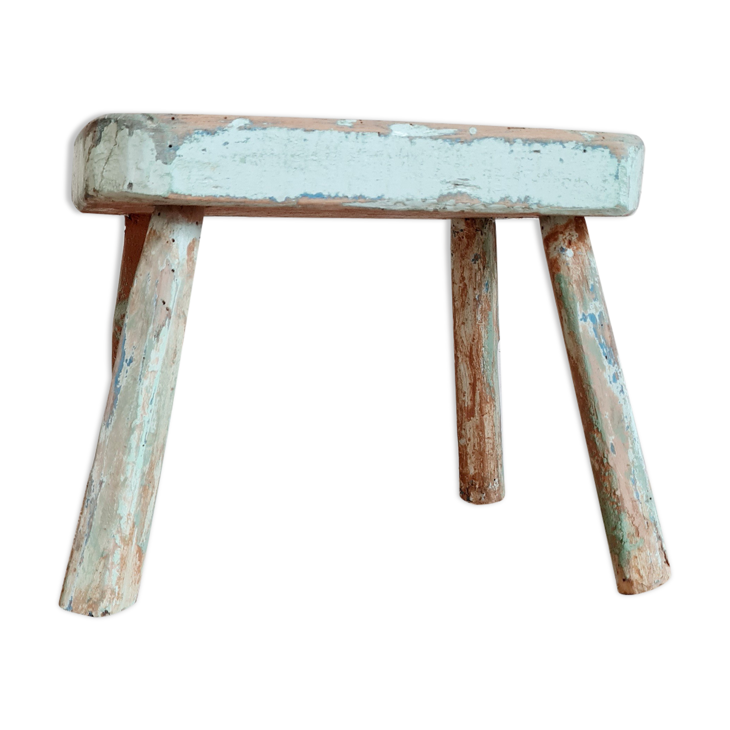 Tabouret de ferme en bois patine bleu vert