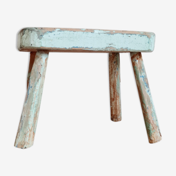 Tabouret de ferme en bois patine bleu vert