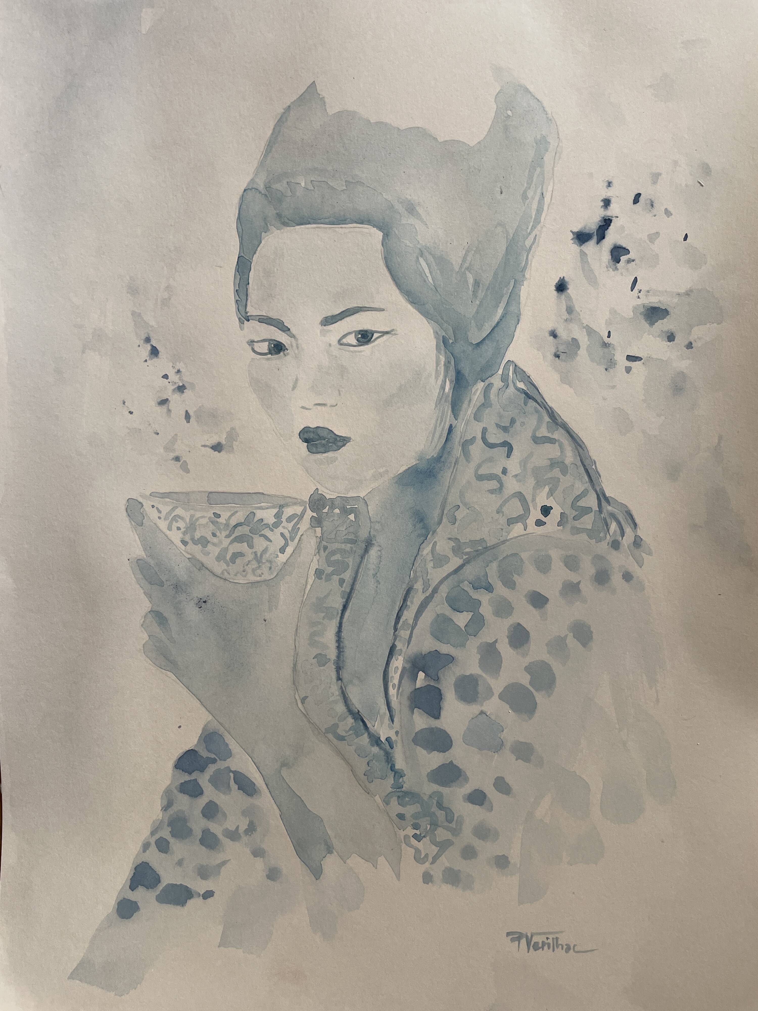 Signed blue watercolor painting “Geisha Tea Time” Japan