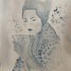 Signed blue watercolor painting “Geisha Tea Time” Japan